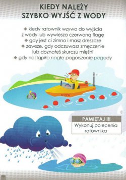 Na zdjęciu widać plakat o akcji informacyjno-edukacyjnej na temat właściwego zachowania się nad wodą, kiedy należy szybko wyjść z wody