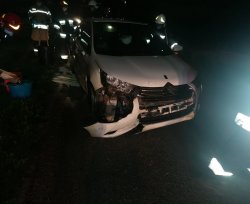 Na zdjęciu widoczny jest pojazd marki Citroen DS4 koloru białego w widocznymi uszkodzeniami na froncie pojazdu powstałymi w skutek najechania na psa